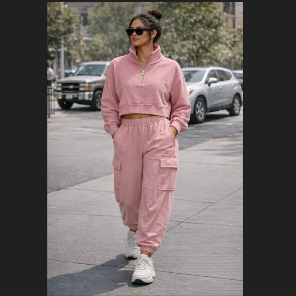 Pink Cargo Jogger Pants and Sweatshirt Set